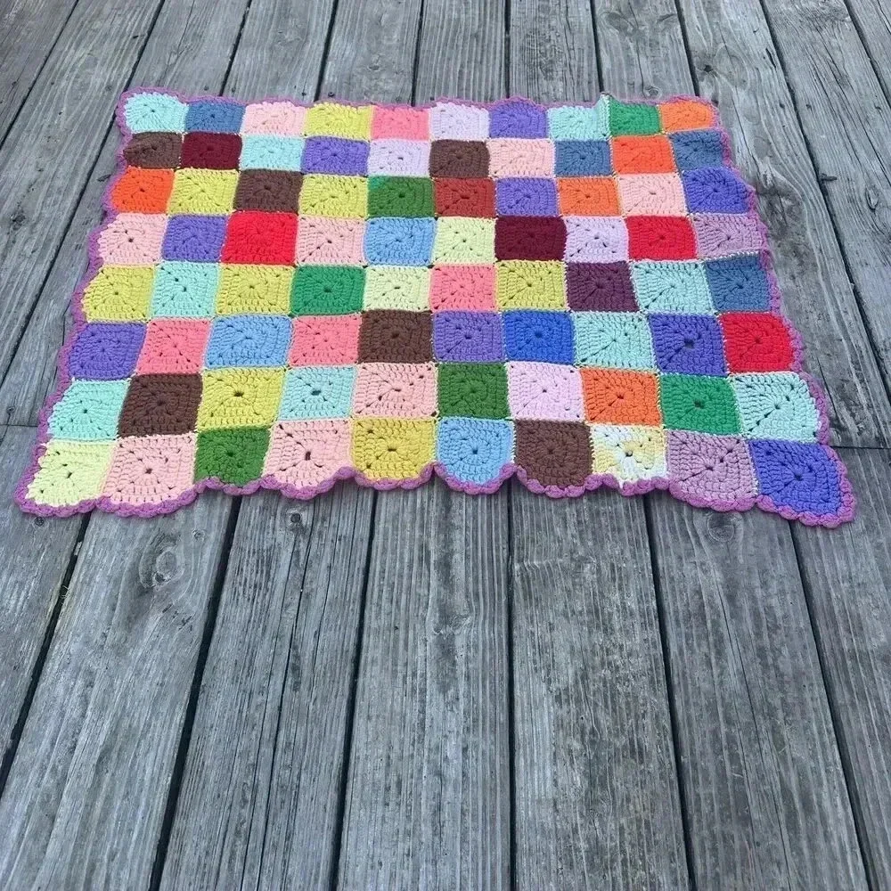 Handmade Crochet Acrylic Granny Squares‎ Blue/Red/Yellow Afghan Blanket 27